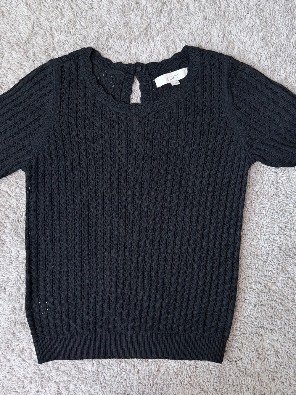 LOFT Black Short-Sleeve Openwork Knit Top